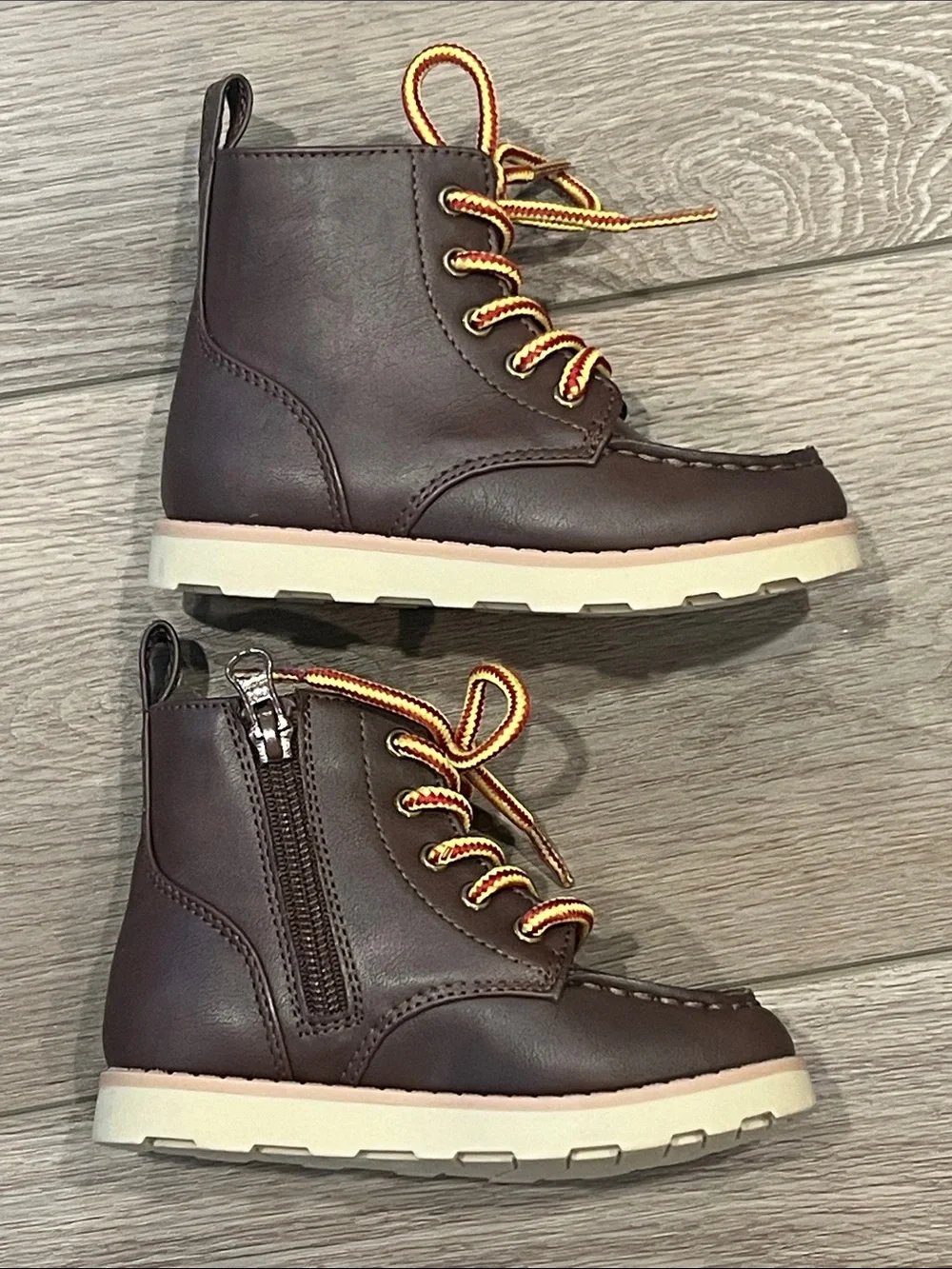 Cat & Jack Greyson Brown Lace-Up Ankle Boots with Yellow-Orange Laces Side Zip